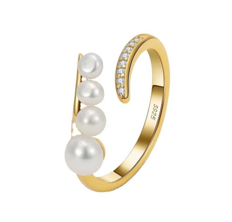 Runde Perlé Perlenring eleganter Ring Süßwasserperlen und Zirkon, handgefertigter offener Ring, 925er Silber, 14K Gold von Runde Perlé