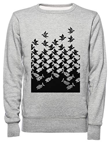 Fisch Und Vögel Kunst Deco Tessellation Herren Damen Unisex Sweatshirt Jumper Grau Größe XL - Women's Men's Unisex Sweatshirt Jumper Grey von Rundi