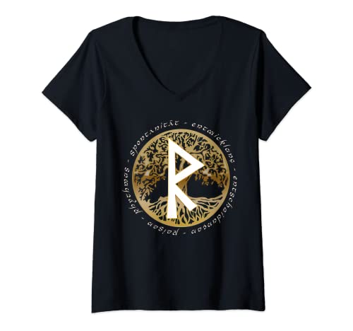 Damen Rune Raidho Baum des Lebens Geburtstagsrune 29. August bis 1 T-Shirt mit V-Ausschnitt von Runen - Der Faun
