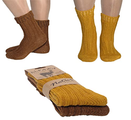 Rungassi 2er Set (2Paar) Alpaka Socken Wollsocken gestrickt Strümpfe 39-42 Gelb-Braun von Rungassi