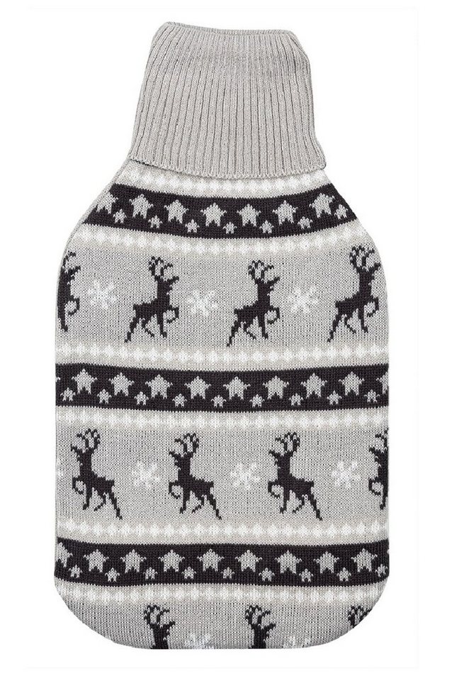 Rungassi Wärmflasche Wärmflasche 2L mit Strickbezug Rollkragen Norwegermuster Hirsch von Rungassi