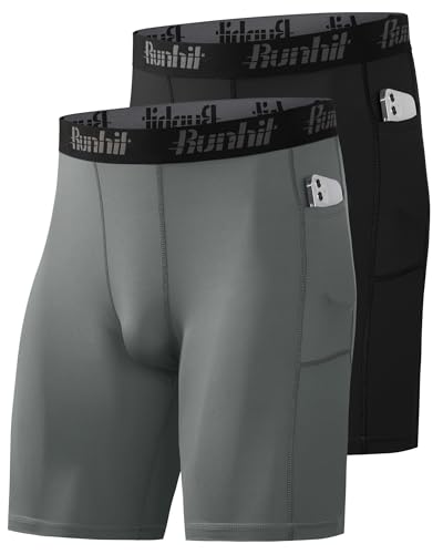 Runhit 1/2 Pack Herren Kompressionsshorts - Base Layer Schnelltrocknende Fußball Unterziehhose Laufunterwäsche Atmungsaktive Radlerhose Kompressionshose Kurz mit Handytasche Schwarz+Grau S von Runhit