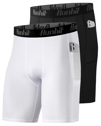Runhit 1/2 Pack Herren Kompressionsshorts - Base Layer Schnelltrocknende Fußball Unterziehhose Laufunterwäsche Atmungsaktive Radlerhose Kompressionshose Tights Kurz mit Handytasche Schwarz+Weiß 3XL von Runhit
