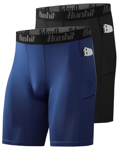 Runhit 1/2 Pack Herren Kompressionsshorts - Base Layer Schnelltrocknende Fußball Unterziehhose Radlerhose Atmungsaktive Laufunterwäsche Männer Kurz Kompressionshose mit Handytasche Schwarz+Marine L von Runhit