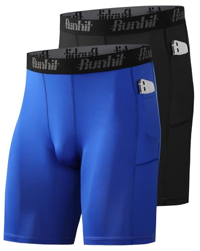Runhit 1/2 Pack Herren Kompressionsshorts - Base Layer Schnelltrocknende Laufhose Fußball Unterziehhose Atmungsaktive Radlerhose Männer Kurz Kompressionshose mit Handytasche Schwarz+Königsblau 3XL von Runhit