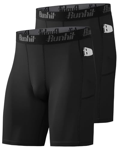 Runhit 1/2 Pack Herren Kompressionsshorts - Base Layer Schnelltrocknende Laufshorts Fußball Unterziehhose Atmungsaktive Radlerhose Kompressionshose Kurz mit Handytasche Schwarz*2 3XL von Runhit
