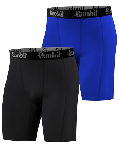 Runhit 1 oder 2 Pack Herren Kompressionsshorts - Base Layer Schnelltrocknende Laufhose Fußball Unterziehhose Atmungsaktive Radlerhose Männer Kurz Kompressionshose Schwarz+Königsblau 2XL von Runhit