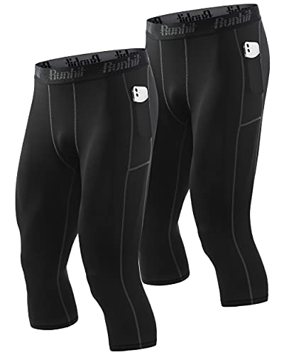 Runhit 3/4 Kompressionshose Herren mit Taschen Leggings Sporthose Atmungsaktiv Laufhose Herren Lang 3/4 Lauftights Trainingshose von Runhit