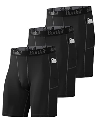Runhit 3er Pack Herren Kompressionsshorts Mit Tasche - Base Layer Sport Unterhosen Funktionsunterwäsche Tight Kompressionshose Kurz Laufunterwäsche Radlerhose L von Runhit