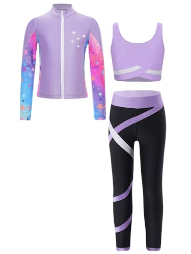 Runhomal 3Pcs Mädchen Sportbekleidung Sport BH Jogginghose Sport Leggings Sportjacke Trainingshose Jogginganzug Yoga Fitness Anzug Helles Lila 134-140 von Runhomal
