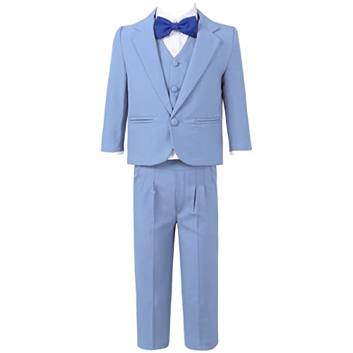 Runhomal 5Pcs Jungen Gentleman Anzug Smoking Hochzeit Outfits Blazer+Weste+Hemd+Fliege+Hosen Anzüge & Sakkos Set für Kinder Blau 104-110 von Runhomal