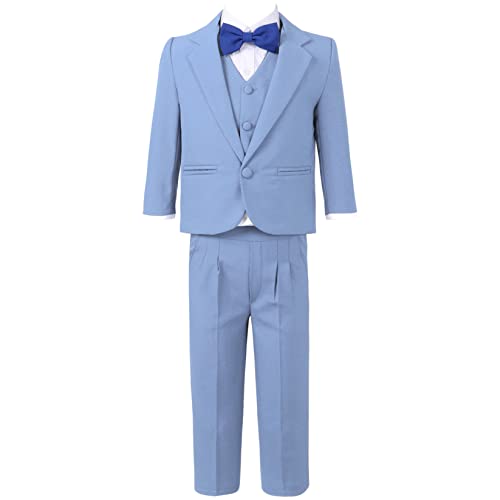 Runhomal 5Pcs Jungen Gentleman Anzug Smoking Hochzeit Outfits Blazer+Weste+Hemd+Fliege+Hosen Anzüge & Sakkos Set für Kinder Blau 110-116 von Runhomal