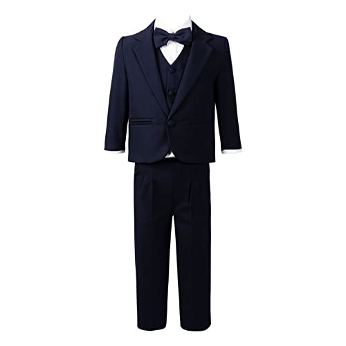 Runhomal 5Pcs Jungen Gentleman Anzug Smoking Hochzeit Outfits Blazer+Weste+Hemd+Fliege+Hosen Anzüge & Sakkos Set für Kinder Dunkelblau 104-110 von Runhomal