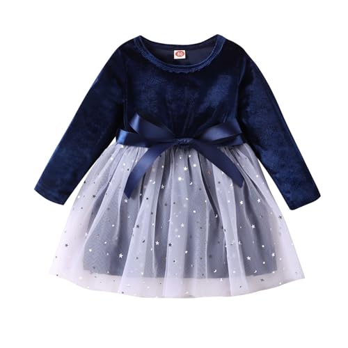 Runhomal Baby Mädchen Samt Prinzessin Kleid Plisseekleid mit Bowknot Langarm Pulloverkleid Strickkleid Rüschen A-Linie Kleid Süßes Weihnachtskleid Herbst Winter Kleidung C Navy blau 80-92 von Runhomal