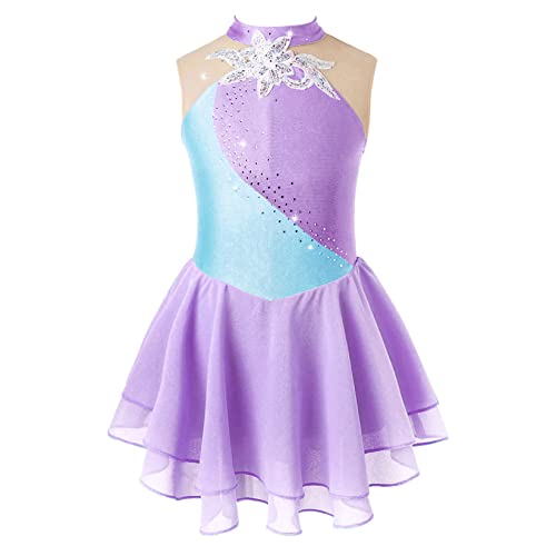 Runhomal Ballettkleid Mädchen Ballettkleidung Ärmellos Pailletten Balletttrikot Tanzkleid mit Chiffon Ballettrock Wickelrock Eiskunstlauf-Kleid Rock Tütü Gymnastikanzug Lavender 134-140 von Runhomal