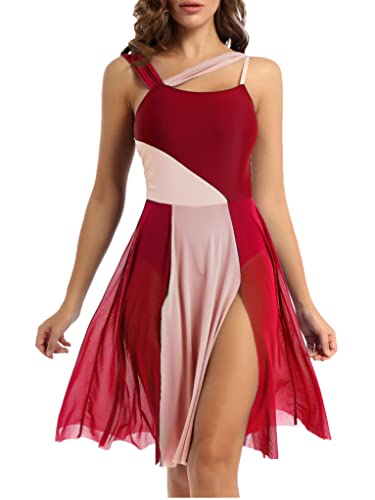 Runhomal Damen Ärmellos Tanzkleid Ballettkleid Lyrischen Latein Rumba Salsa Tango Kleider Tanzkleidung Tanzbody mit Rock Tütü Träger Eiskunstlauf-Kleid Trikotanzug Ballettanzug Burgundy S von Runhomal