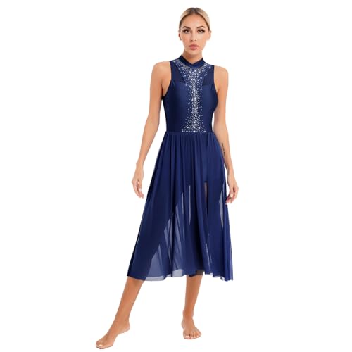 Runhomal Damen Ärmellos Tanzkleid Ballettkleid Lyrischen Latein Rumba Salsa Tango Kleider Glitzer Tanzbody mit Rock Swing Kleid Kleid Midi-Rock Dunkelblau E M von Runhomal