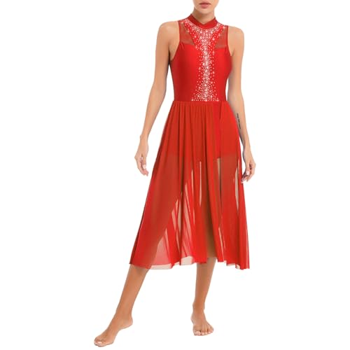Runhomal Damen Ärmellos Tanzkleid Ballettkleid Lyrischen Latein Rumba Salsa Tango Kleider Glitzer Tanzbody mit Rock Swing Kleid Kleid Midi-Rock Rot E S von Runhomal
