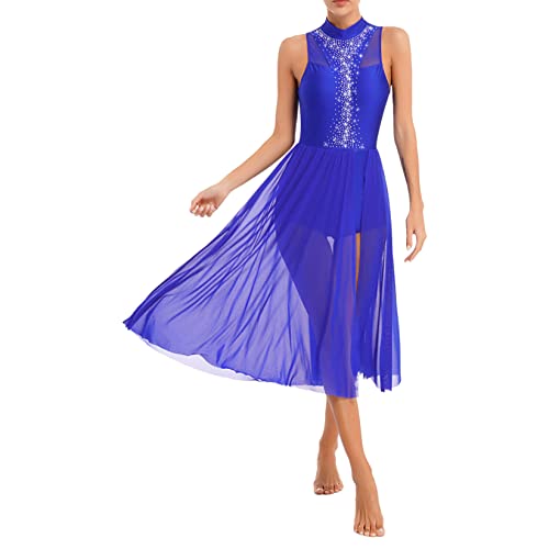 Runhomal Damen Ärmellos Tanzkleid Ballettkleid Lyrischen Latein Rumba Salsa Tango Kleider Tanzkleidung Tanzbody mit Rock Tütü Träger Eiskunstlauf-Kleid Trikotanzug Ballettanzug Royal Blau E XXL von Runhomal