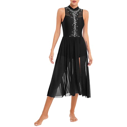 Runhomal Damen Ärmellos Tanzkleid Ballettkleid Lyrischen Latein Rumba Salsa Tango Kleider Tanzkleidung Tanzbody mit Rock Tütü Träger Eiskunstlauf-Kleid Trikotanzug Ballettanzug Schwarz E XXL von Runhomal