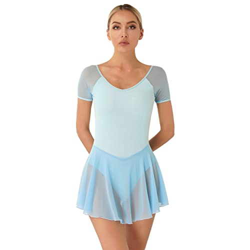 Runhomal Damen Ballettanzug Kurzarm Ballettkleid Tanzkleider V-Ausschnitt Ballett Trikot Turnanzug Rückenfrei Turntrikot Ballettkleidung Hellblau S von Runhomal