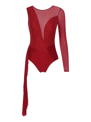 Runhomal Damen Ballettbody Ärmellos Langarm Mesh Patchwork Ballett Trikot Leotard Skating Tanzkleidung Latein Gym Wettbewerb Dancewear Burgundy XXL von Runhomal