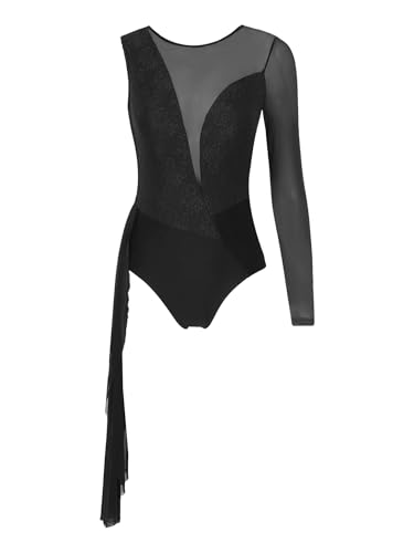 Runhomal Damen Ballettbody Ärmellos Langarm Mesh Patchwork Ballett Trikot Leotard Skating Tanzkleidung Latein Gym Wettbewerb Dancewear Schwarz M von Runhomal