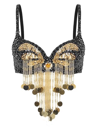Runhomal Damen Bauchtanz BH Spaghettiträger Bauchfrei Oberteil Belly Dance Crop Top mit Pailletten Quasten Tanz Kostüm Party Outfits Schwarz Einheitsgröße von Runhomal