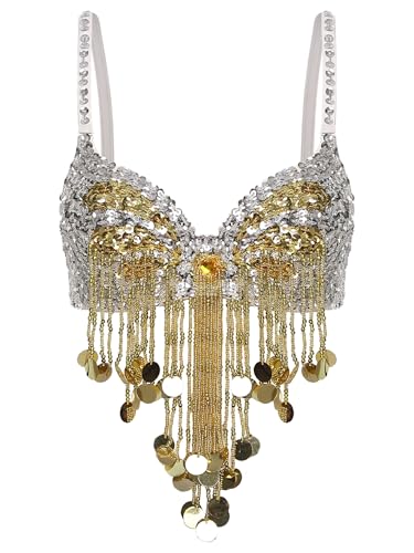 Runhomal Damen Bauchtanz BH Spaghettiträger Bauchfrei Oberteil Belly Dance Crop Top mit Pailletten Quasten Tanz Kostüm Party Outfits Silber Einheitsgröße von Runhomal