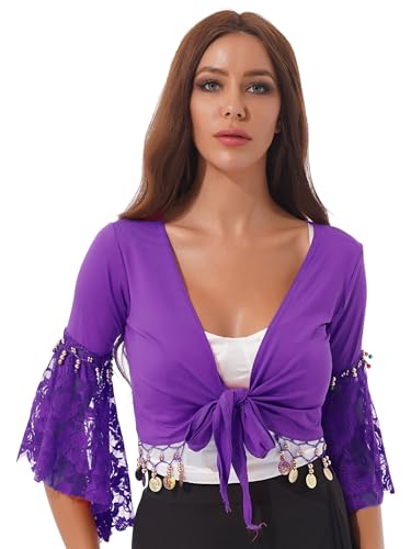 Runhomal Damen Bauchtanz Kostüm Bauchfrei Oberteil Crop Top mit Pailletten Quasten Tanz Kostüm Party Outfits Dunkelviolett 3XL von Runhomal