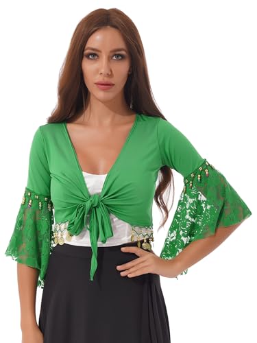 Runhomal Damen Bauchtanz Kostüm Bauchfrei Oberteil Crop Top mit Pailletten Quasten Tanz Kostüm Party Outfits Grün 3XL von Runhomal