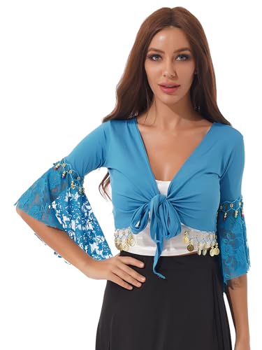 Runhomal Damen Bauchtanz Kostüm Bauchfrei Oberteil Crop Top mit Pailletten Quasten Tanz Kostüm Party Outfits Himmelblau L von Runhomal