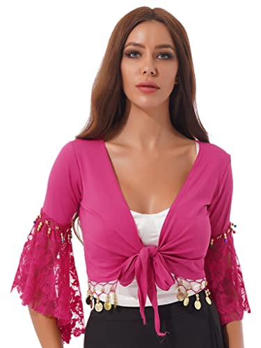 Runhomal Damen Bauchtanz Kostüm Bauchfrei Oberteil Crop Top mit Pailletten Quasten Tanz Kostüm Party Outfits Hot Pink L von Runhomal