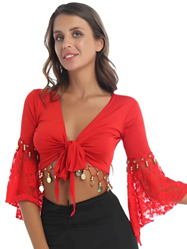 Runhomal Damen Bauchtanz Kostüm Bauchfrei Oberteil Crop Top mit Pailletten Quasten Tanz Kostüm Party Outfits Rot XXL Runhomal Damen Bauchtanz Kostüm Bauchfrei Oberteil Crop Top mit Pailletten Quasten Tanz Kostüm Party Outfits Rot XXL von Runhomal