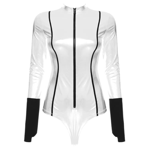 Runhomal Damen Body Metallic Bodysuit Langarmbody Farbblock Gymnastikbody Turnbody High Cut Catsuit Trikot Leotards Gogo Clubwear B Silber S von Runhomal