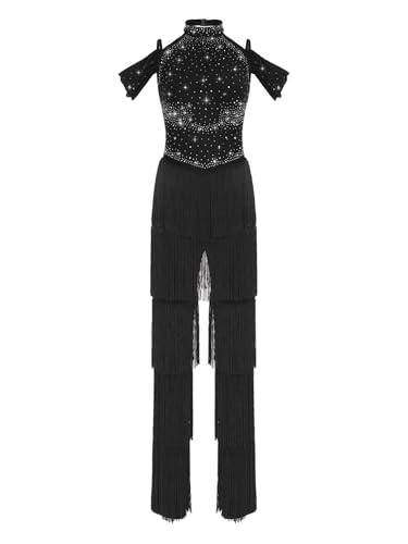 Runhomal Damen Dance Romper mit Strass Rückenfrei Einteiler Neckholder Jumpsuit Fransen Overall Cha Cha Samba Salsa Tanzbekleidung Schwarz M von Runhomal