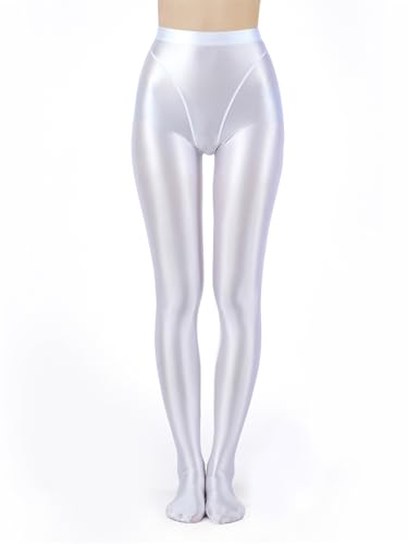 Runhomal Damen Dehnbare Strumpfhose mit hoher Taille glänzende Glossy Yoga Fitness Hose Damen Workout Leggings einfarbig Trainingsstrumpfhose Weiß XXL von Runhomal