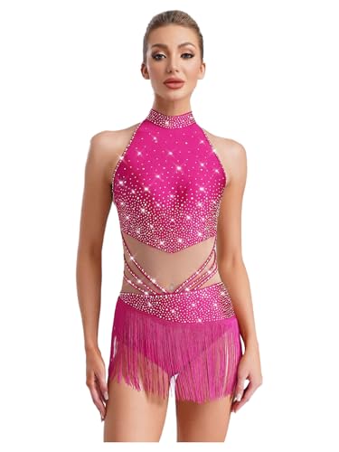 Runhomal Damen Fransen Gymnastik Leotard mit Strass ärmellos Turnbody Latin Rumba Trikot Body Quaste Ballettanzug Dancewear Hot Pink S von Runhomal
