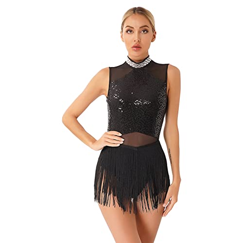 Runhomal Damen Fransen Latin Tango Kleid Tanzkleid Bodysuit mit Quaste Ballsaal Kleid Tanzkleid Ballettkleid Leotard Trikotbody mit Fransen Salsa Rumba Tanzkostüm Schwarz D L von Runhomal