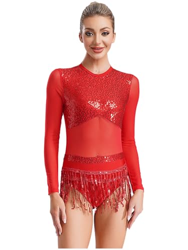 Runhomal Damen Fransen Latin Tanzkleid Langarm Bodysuit mit Quaste Ballsaal Kleid Tanzkleid Leotard Trikotbody mit Fransen Salsa Rumba Tanzkostüm Rot S von Runhomal