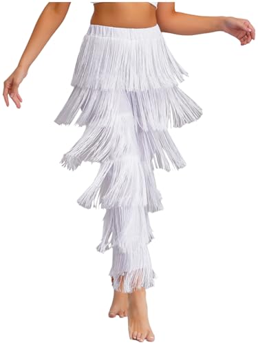 Runhomal Damen Fransenhose Lateinische Tanzhose Elastischer BundTango Rumba Samba Trainingshose Performance Tanzkleidung Weiß XXL von Runhomal