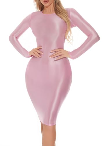 Runhomal Damen Glänzend Öl Minikleid Bodycon Kleid Langarm Glatte Bleistiftkleid Wetlook Partykleider Nachtclub Gogo Rave Clubwear Rosa M von Runhomal