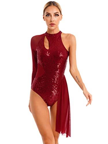 Runhomal Damen Glitzer Gymnastikbody Turnbody Pailletten Eiskunstlauf Kleid Tanzkleider Ballettkleid Mesh Langarm Trikot Leotard Gymnastikanzug Ballettkleidung Burgundy XL von Runhomal