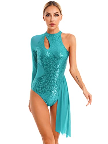 Runhomal Damen Glitzer Gymnastikbody Turnbody Pailletten Eiskunstlauf Kleid Tanzkleider Ballettkleid Mesh Langarm Trikot Leotard Gymnastikanzug Ballettkleidung Grün L von Runhomal