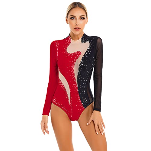 Runhomal Damen Gymnastikbody Turnbody mit Strass Langarm Bodysuit Ballettbody Trikot Leotard Tanztrikot Turnanzug Ballettanzug Elegant S-XL B Schawrz&Rot L von Runhomal