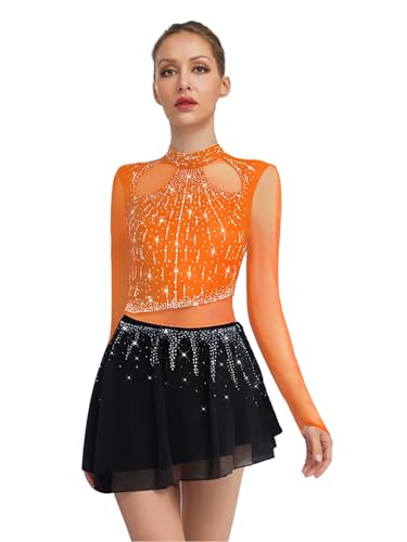 Runhomal Damen Langarm Kürkleid Glitzer Eiskunstlauf Kleider Mesh Spleiß Gymnastikanzug Turnanzug mit Tutu Röckchen Tanzkostüm Orange XL von Runhomal