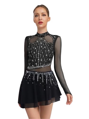 Runhomal Damen Langarm Kürkleid Glitzer Eiskunstlauf Kleider Mesh Spleiß Gymnastikanzug Turnanzug mit Tutu Röckchen Tanzkostüm Schwarz M von Runhomal
