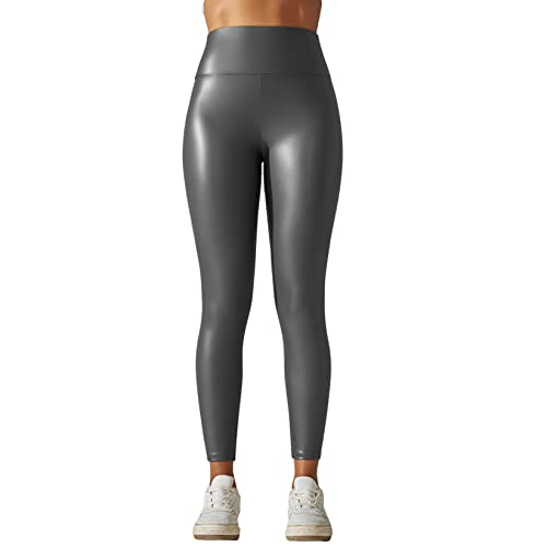 Runhomal Damen Leder Hose Sportleggings Metallic Leggings Lederoptik High Waist Lederhose Push Up Bleistifthose Smooth Strumpfhose Jeggings Clubwear Grau 3XL von Runhomal