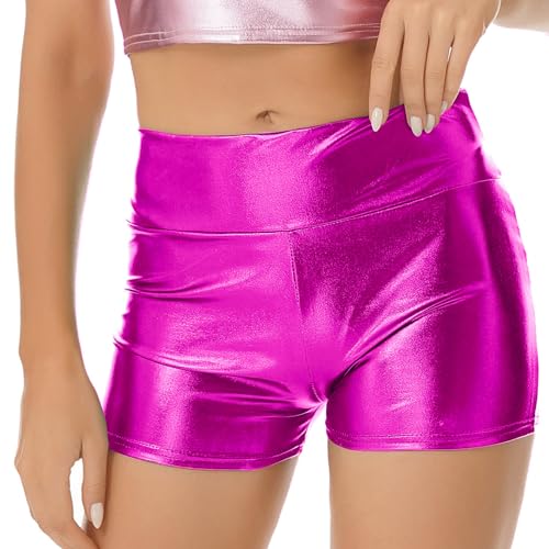 Runhomal Damen Metallic Shorts Hot Pants Hohe Taille Kurze Hosen Yogahose Glänzend Booty Shorts Tanzhoe Sport Fitness Training Shorts Party Clubwear Hot Pink M von Runhomal