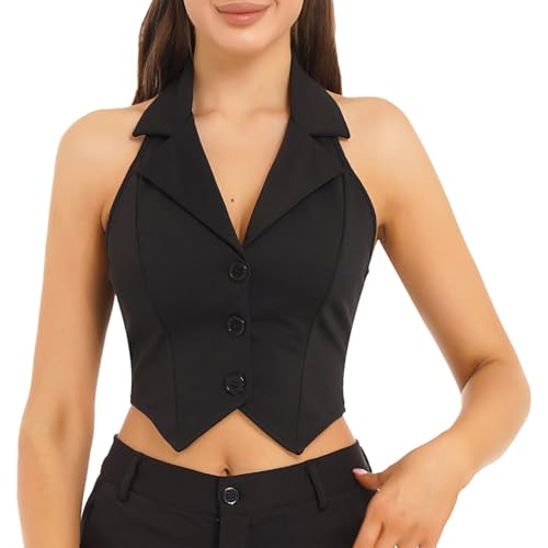 Runhomal Damen Neckholder Weste Button Down Camisole Anzugweste Elegant Weste Knopfleiste Slim Fit Oberteil Rave Party Clubwear Schwarz S von Runhomal